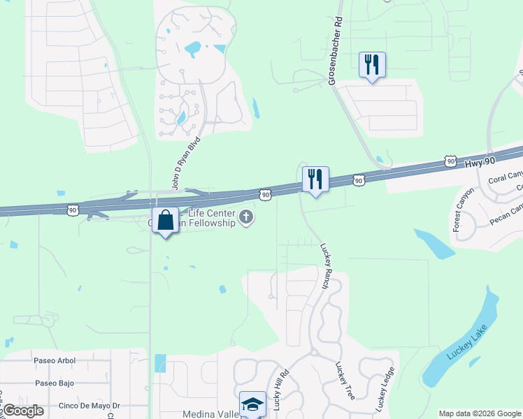 map of restaurants, bars, coffee shops, grocery stores, and more near 12136 U.S. 90 in San Antonio