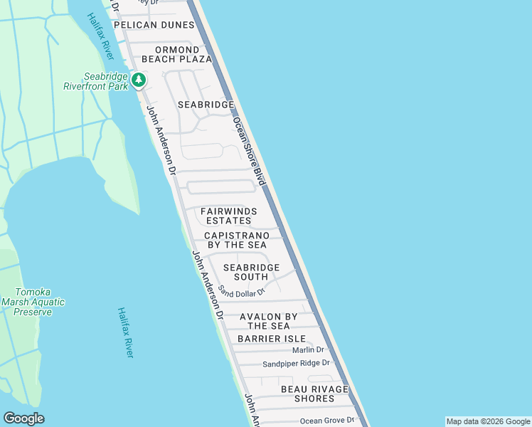 map of restaurants, bars, coffee shops, grocery stores, and more near 3370 Ocean Shore Boulevard in Ormond Beach