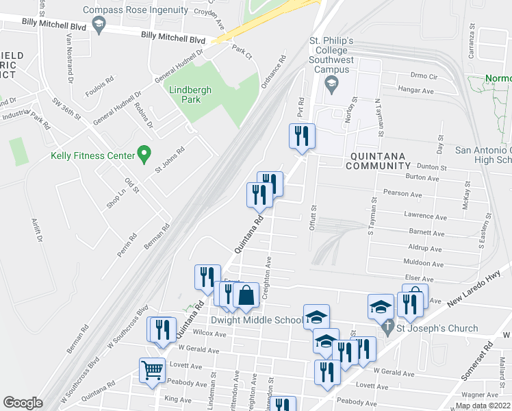 map of restaurants, bars, coffee shops, grocery stores, and more near 1423 Quintana Road in San Antonio