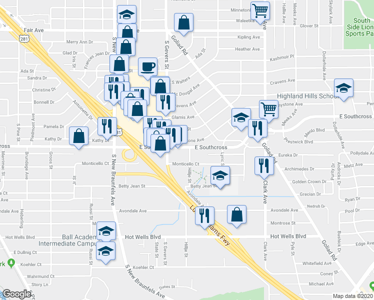 map of restaurants, bars, coffee shops, grocery stores, and more near 2438 East Southcross Boulevard in San Antonio