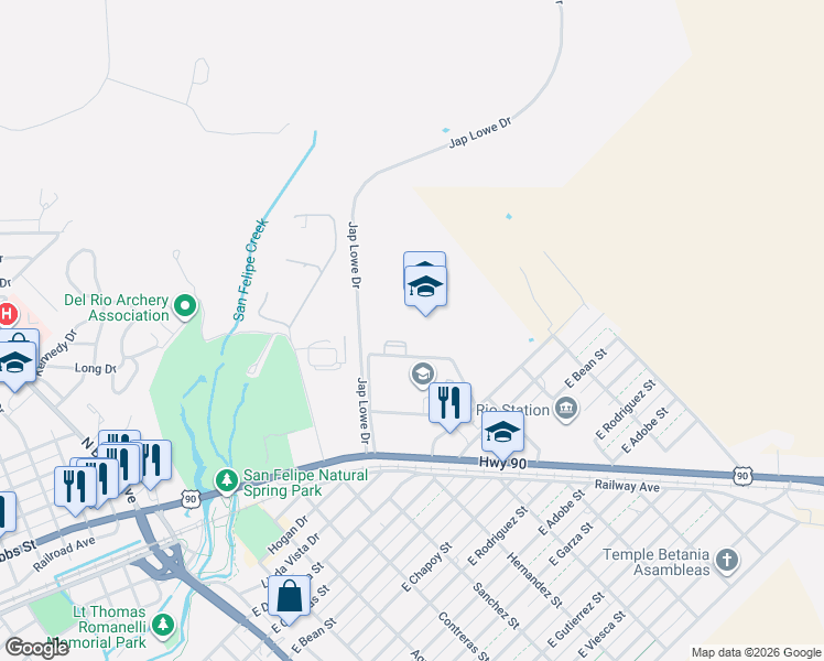 map of restaurants, bars, coffee shops, grocery stores, and more near 1900 US 90 in Del Rio