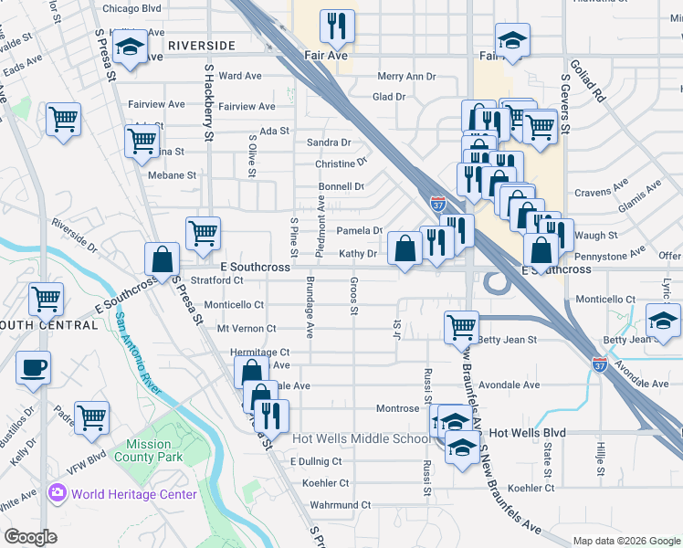 map of restaurants, bars, coffee shops, grocery stores, and more near 421 Monticello Court in San Antonio