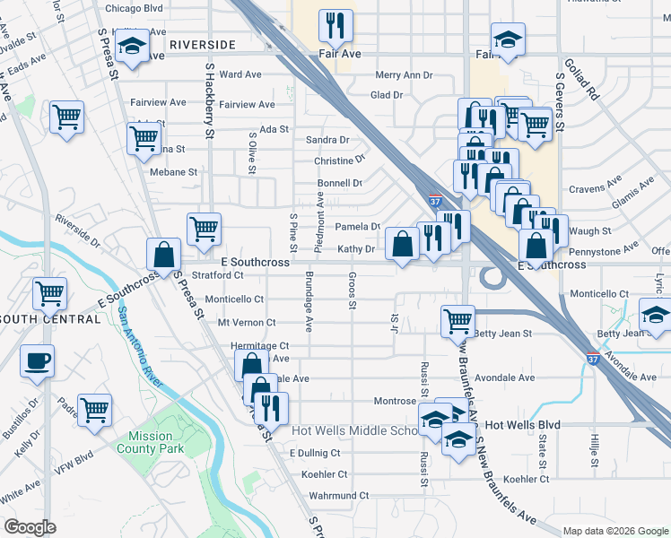 map of restaurants, bars, coffee shops, grocery stores, and more near 421 Monticello Court in San Antonio