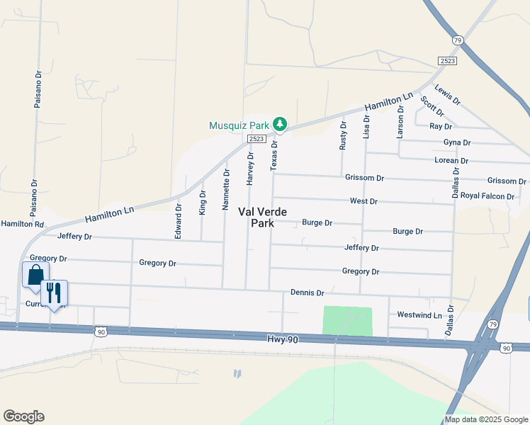 map of restaurants, bars, coffee shops, grocery stores, and more near in Val Verde Park