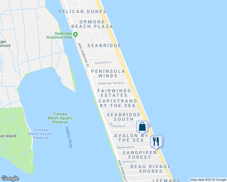 map of restaurants, bars, coffee shops, grocery stores, and more near 12 Julie Drive in Ormond Beach