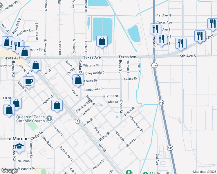 map of restaurants, bars, coffee shops, grocery stores, and more near 500 Bluebonnet Drive in La Marque