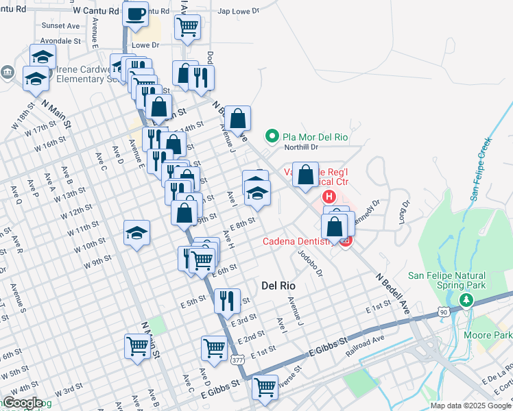 map of restaurants, bars, coffee shops, grocery stores, and more near 1147 Ave J in Del Rio