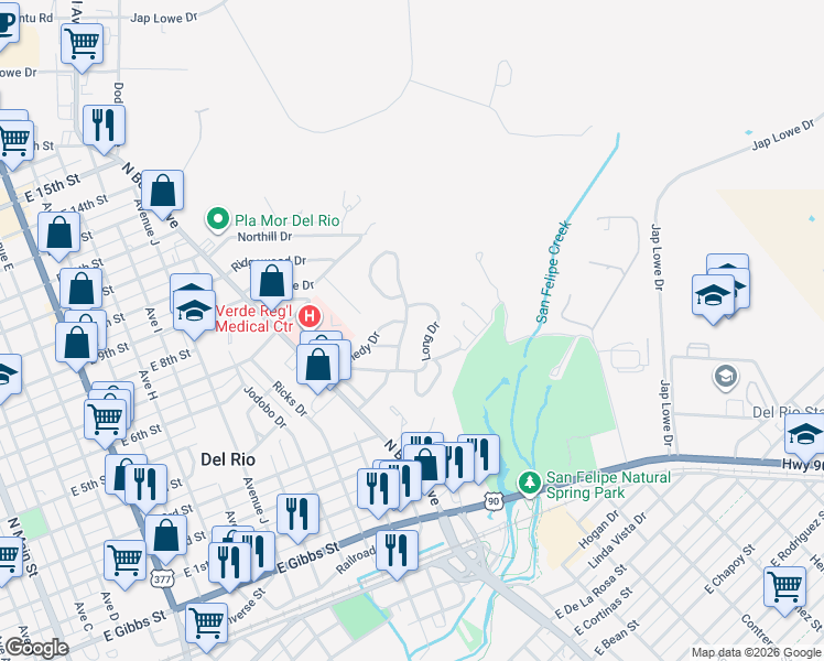map of restaurants, bars, coffee shops, grocery stores, and more near 340 Long Drive in Del Rio