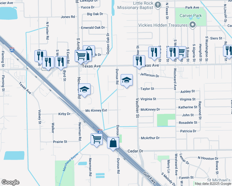 map of restaurants, bars, coffee shops, grocery stores, and more near 26 North Campus Heights Drive in La Marque