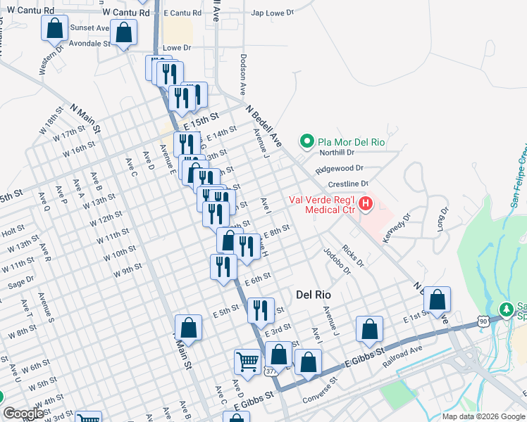 map of restaurants, bars, coffee shops, grocery stores, and more near 1150-1198 Ave I in Del Rio