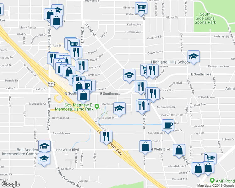 map of restaurants, bars, coffee shops, grocery stores, and more near 4032 E Southcross in San Antonio