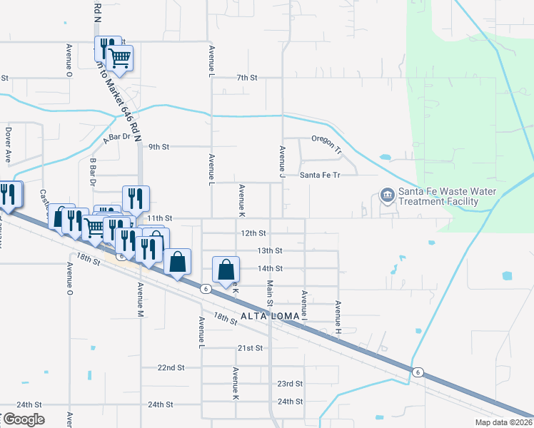 map of restaurants, bars, coffee shops, grocery stores, and more near 4430 Main Street in Santa Fe