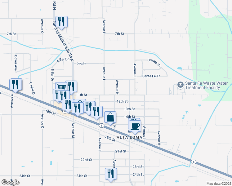 map of restaurants, bars, coffee shops, grocery stores, and more near 4412 Avenue K in Santa Fe