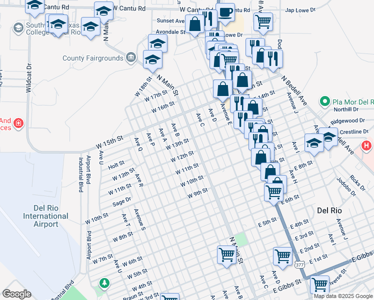 map of restaurants, bars, coffee shops, grocery stores, and more near 100-150 West 13th Street in Del Rio