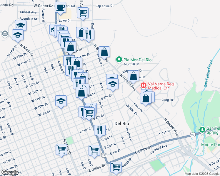 map of restaurants, bars, coffee shops, grocery stores, and more near 1101-1147 Avenue J in Del Rio