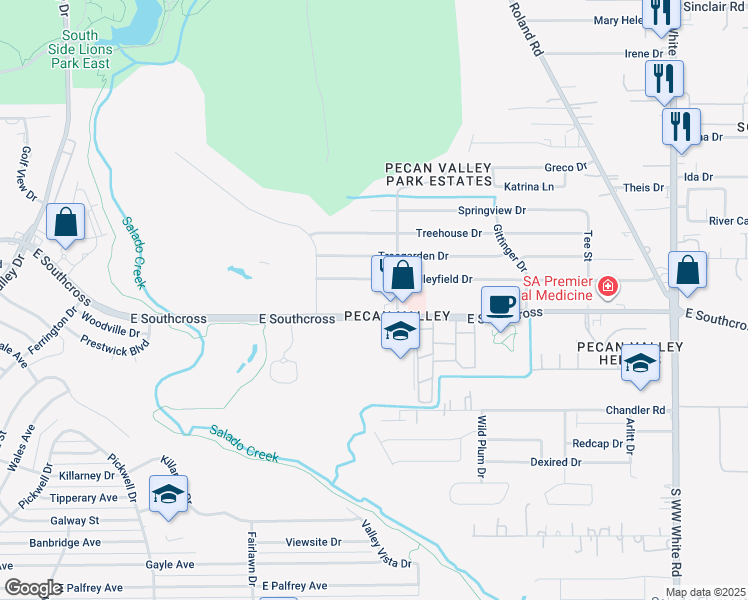 map of restaurants, bars, coffee shops, grocery stores, and more near 4130 Valleyfield Drive in San Antonio