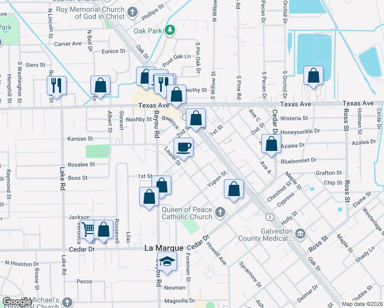map of restaurants, bars, coffee shops, grocery stores, and more near 1118 1st Street in La Marque