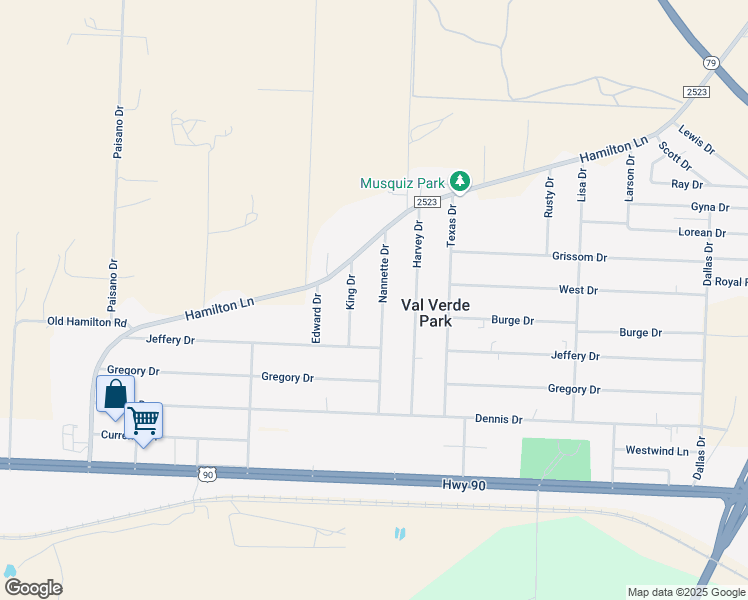 map of restaurants, bars, coffee shops, grocery stores, and more near 124 Nannette Drive in Del Rio