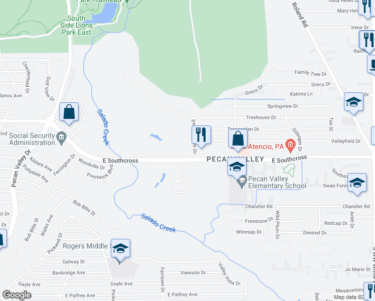 map of restaurants, bars, coffee shops, grocery stores, and more near 5027 Pecan Grove Drive in San Antonio