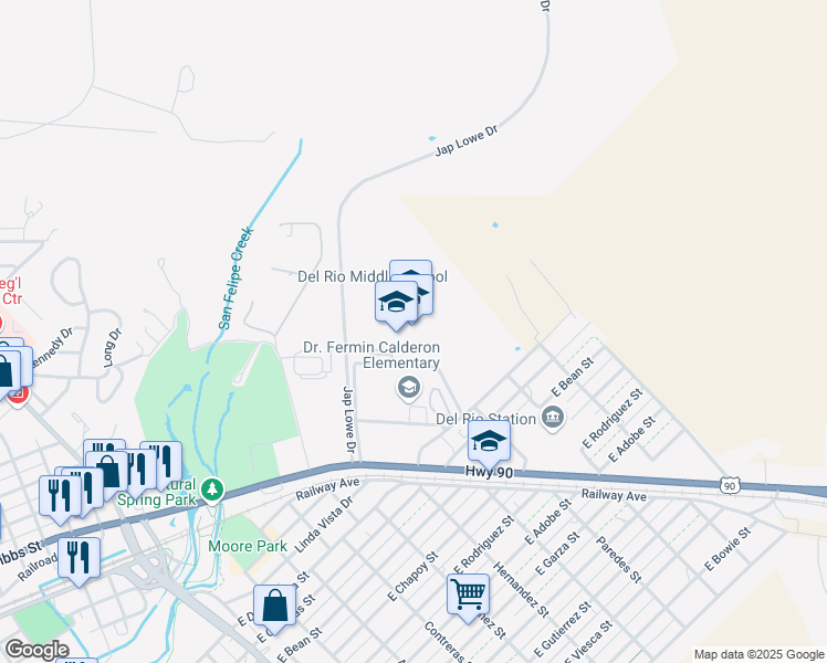 map of restaurants, bars, coffee shops, grocery stores, and more near 1900 U.S. 90 in Del Rio