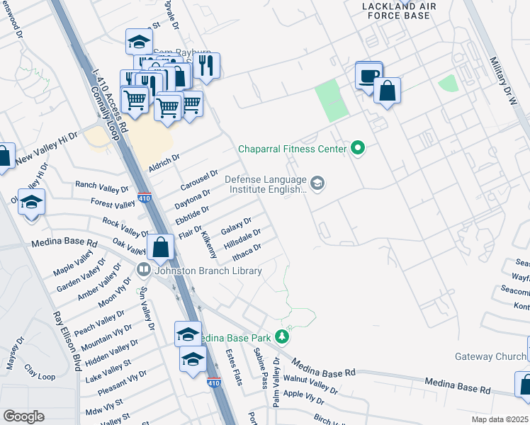 map of restaurants, bars, coffee shops, grocery stores, and more near 100 Galaxy Drive in San Antonio