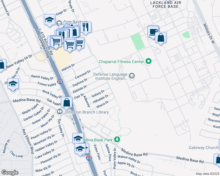 map of restaurants, bars, coffee shops, grocery stores, and more near 100 Galaxy Drive in San Antonio