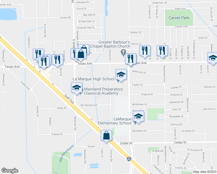 map of restaurants, bars, coffee shops, grocery stores, and more near 26 North Campus Heights Drive in La Marque