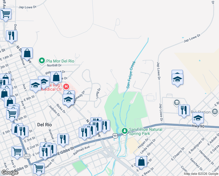 map of restaurants, bars, coffee shops, grocery stores, and more near 106 Herrmann Drive in Del Rio