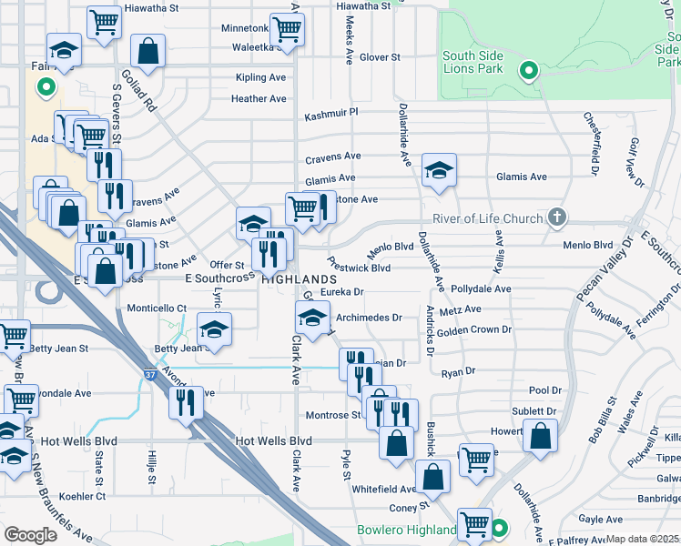 map of restaurants, bars, coffee shops, grocery stores, and more near 104 Prestwick Boulevard in San Antonio