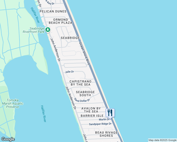 map of restaurants, bars, coffee shops, grocery stores, and more near 3390 Ocean Shore Boulevard in Ormond Beach