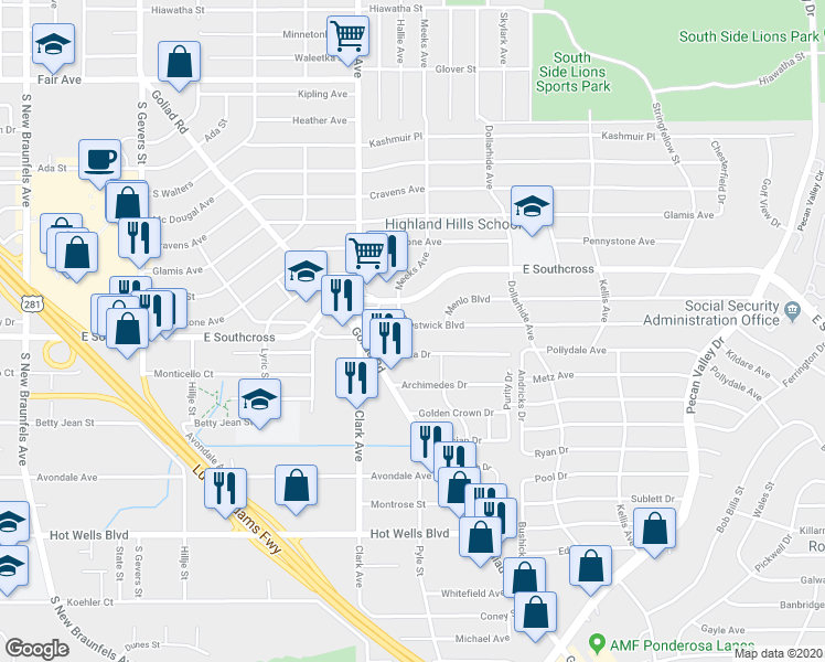 map of restaurants, bars, coffee shops, grocery stores, and more near 101 Prestwick Boulevard in San Antonio