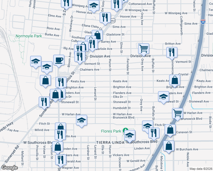 map of restaurants, bars, coffee shops, grocery stores, and more near 1328 Keats Street in San Antonio