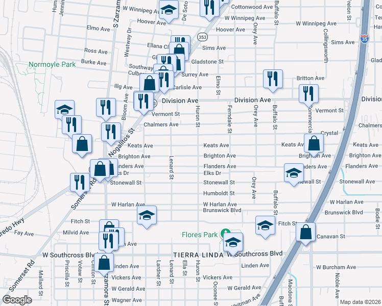 map of restaurants, bars, coffee shops, grocery stores, and more near 1328 Keats Street in San Antonio