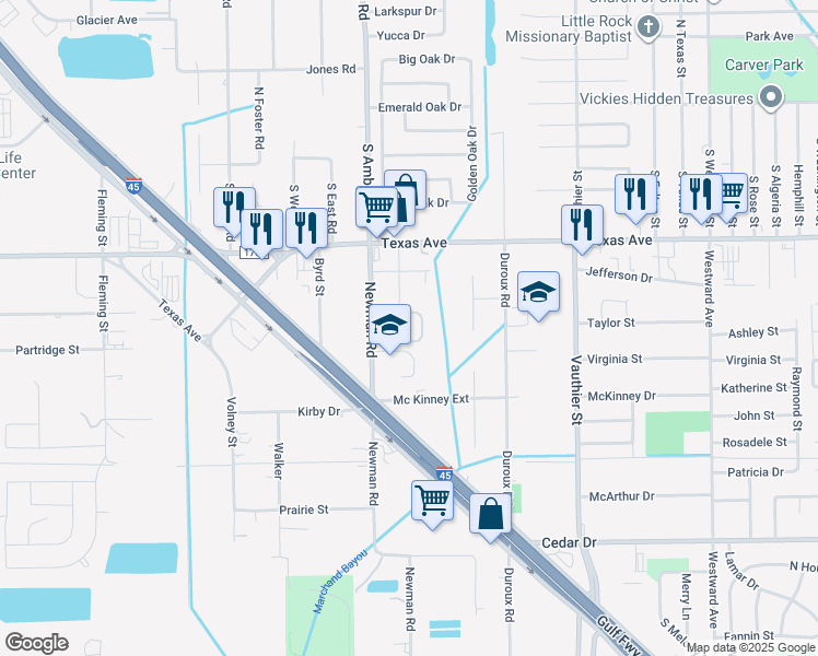 map of restaurants, bars, coffee shops, grocery stores, and more near 301 Newman Road in La Marque