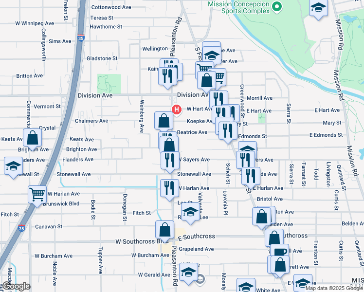 map of restaurants, bars, coffee shops, grocery stores, and more near 814 Pleasanton Road in San Antonio