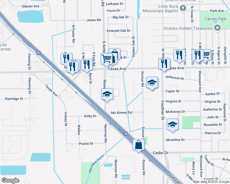 map of restaurants, bars, coffee shops, grocery stores, and more near 301 Newman Road in La Marque