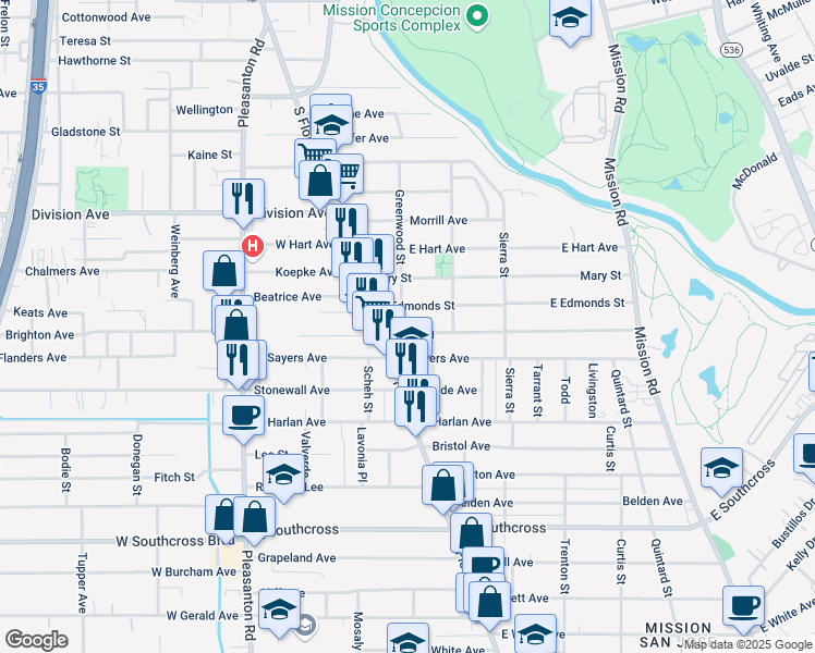 map of restaurants, bars, coffee shops, grocery stores, and more near 215 East Young in San Antonio