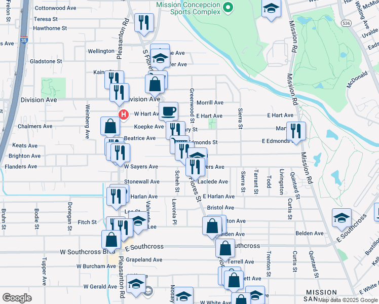 map of restaurants, bars, coffee shops, grocery stores, and more near 5006 South Flores Street in San Antonio
