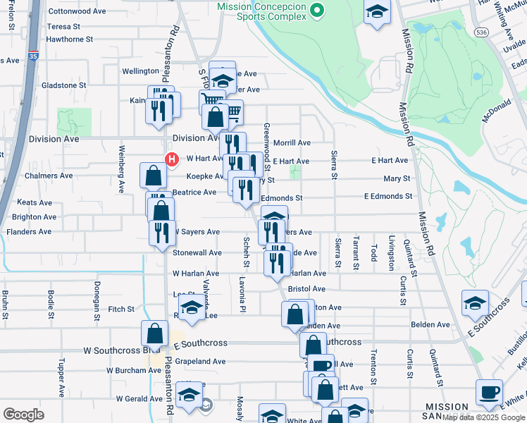 map of restaurants, bars, coffee shops, grocery stores, and more near 5006 South Flores Street in San Antonio
