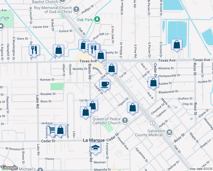 map of restaurants, bars, coffee shops, grocery stores, and more near 1118 1st Street in La Marque