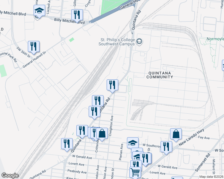 map of restaurants, bars, coffee shops, grocery stores, and more near 1327 Quintana Road in San Antonio