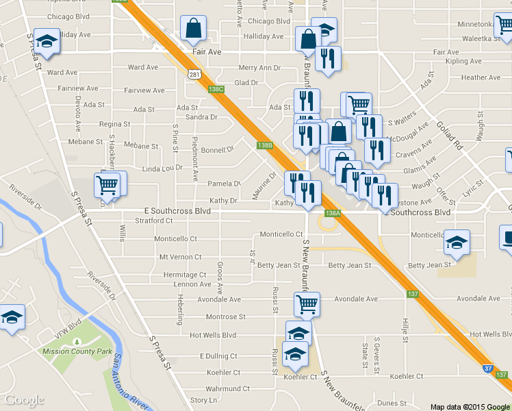 map of restaurants, bars, coffee shops, grocery stores, and more near 418 Kathy Dr in San Antonio
