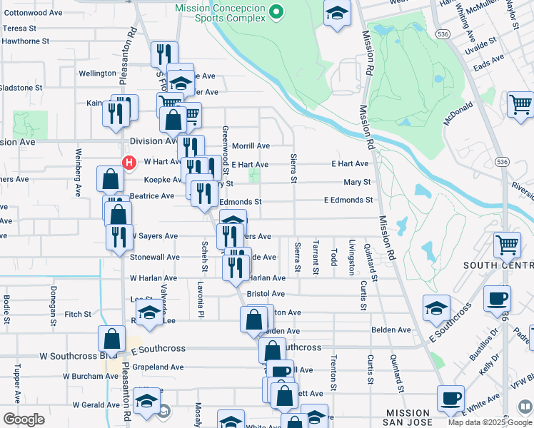 map of restaurants, bars, coffee shops, grocery stores, and more near 302 East Edmonds Street in San Antonio