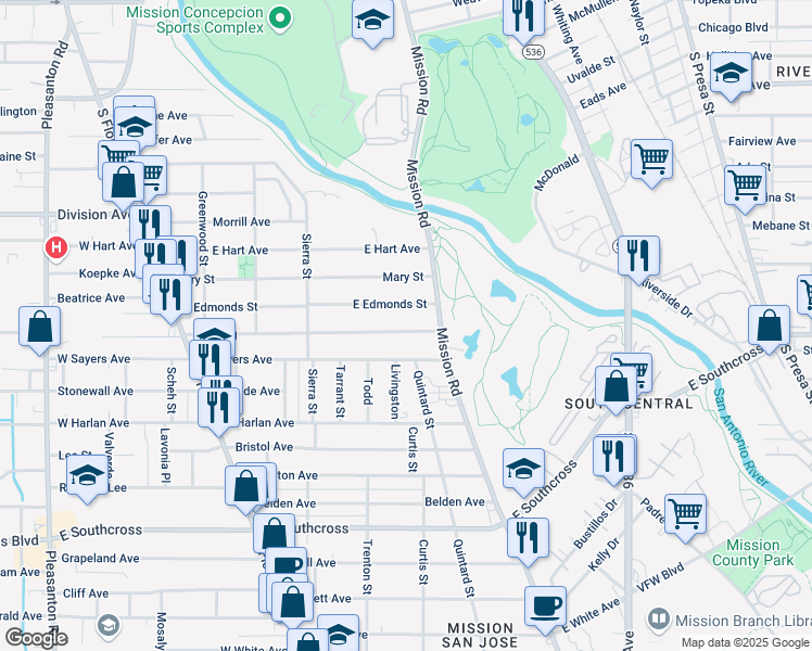 map of restaurants, bars, coffee shops, grocery stores, and more near 449 East Young in San Antonio