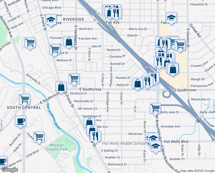 map of restaurants, bars, coffee shops, grocery stores, and more near 112 Kathy Drive in San Antonio