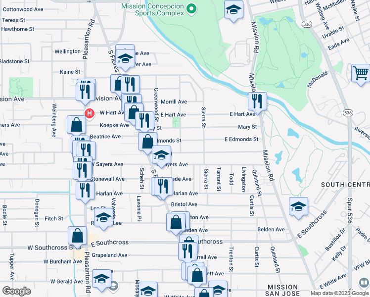 map of restaurants, bars, coffee shops, grocery stores, and more near 302 East Edmonds Street in San Antonio