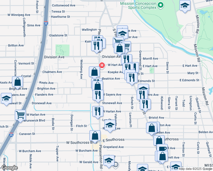 map of restaurants, bars, coffee shops, grocery stores, and more near 814 Pleasanton Road in San Antonio