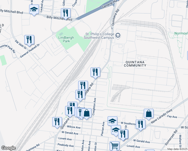map of restaurants, bars, coffee shops, grocery stores, and more near 1327 Quintana Road in San Antonio