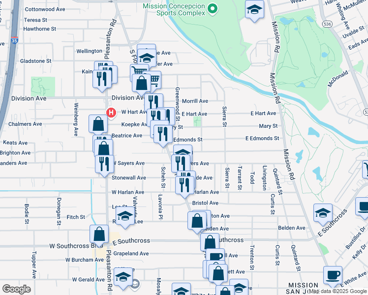 map of restaurants, bars, coffee shops, grocery stores, and more near 215 East Young in San Antonio