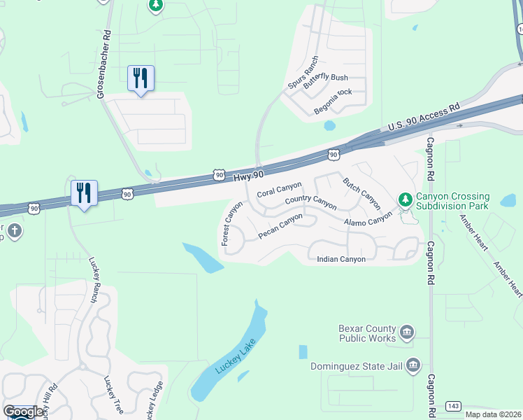 map of restaurants, bars, coffee shops, grocery stores, and more near 11506 Country Canyon in San Antonio
